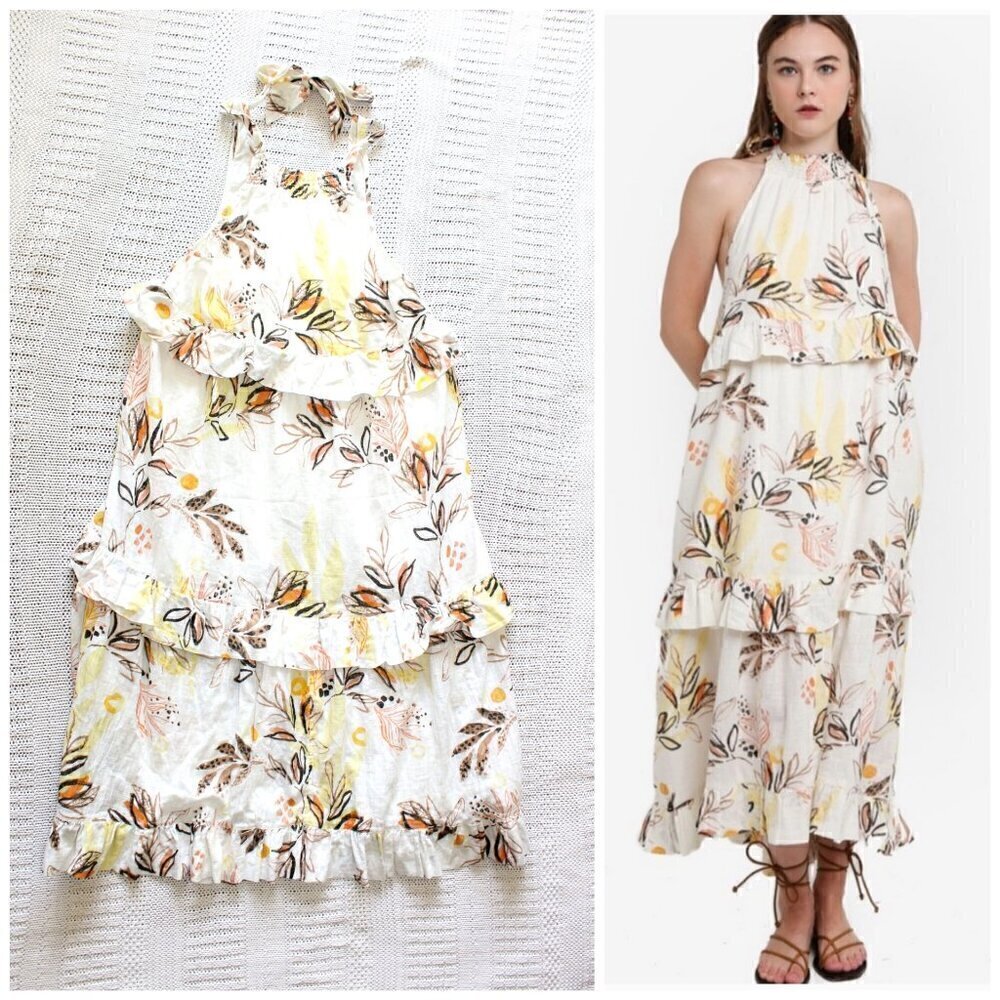 Free People Anita Tiered Maxi Dress Size XS Ivory Floral Ruffle Sleeveless